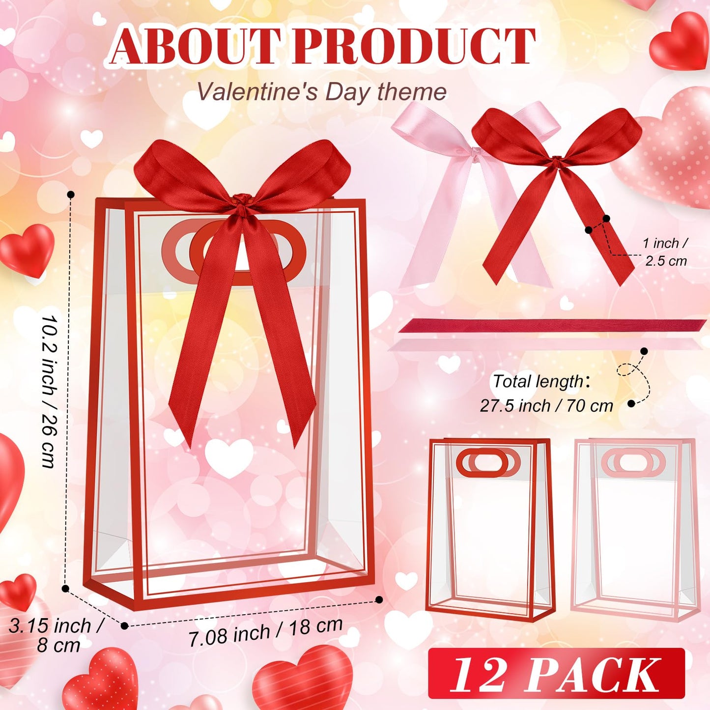 Mooliwe 12 Pcs Red Pink Clear Plastic Gift Bags with Handles 10.2 x 7.08 x 3.15 in Reusable Treat Bags with Ribbons Goodie Gift Wrap Bag for Valentine Parties, Birthday, Wedding Supplies