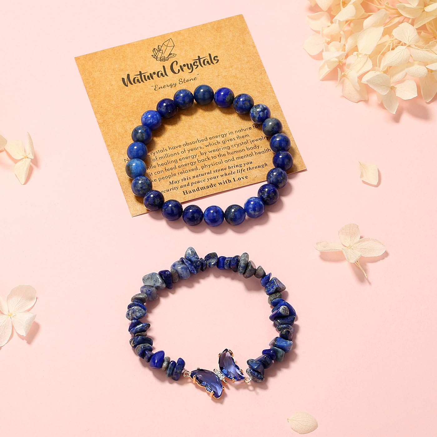 DUQGUHO 2Pcs Butterfly Bracelets for Women Healing Crystals Bracelets for Women Natural Gemstone Bead Bracelet Cute Butterfly Charm Bracelet Stretch 8mm Crystal Jewelry Gifts for Women