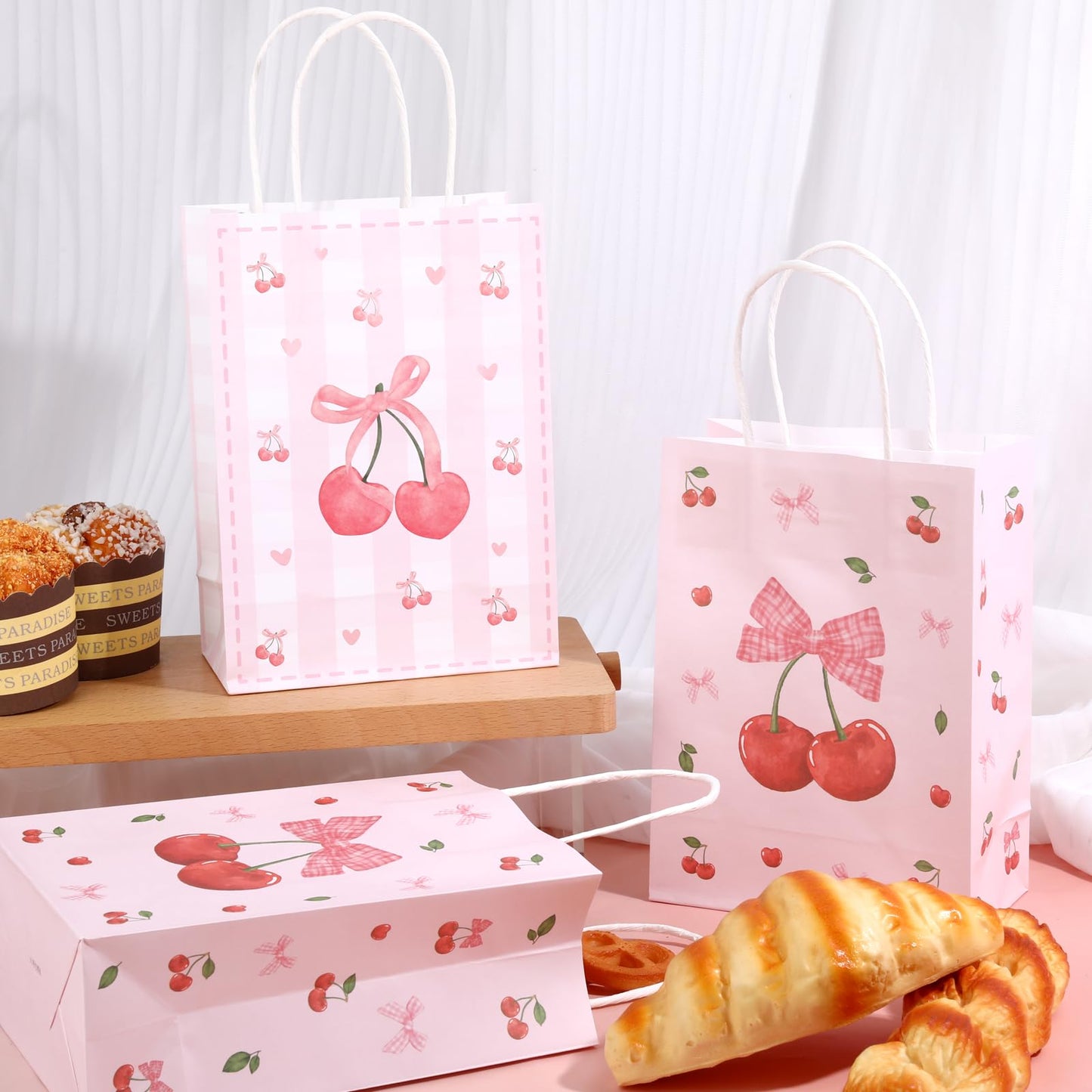 12pcs Pink Bow Gifts Bag for Women Party Favor Pouch Cherry Themed, Coquette Bow Goodie Paper Pocket with Handles, Wedding Gifts Bag Bridal Shower Birthday Party Decoration Supplies Baby Shower