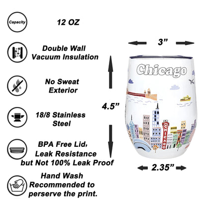 City Themed Artwork 12 Oz Tumbler Series - Designed in the USA - Vacuum Insulated Tumbler with Lids - Stainless Steel Wine Coffee Water Travel Mug, for Hot Cold Drink (Chicago)