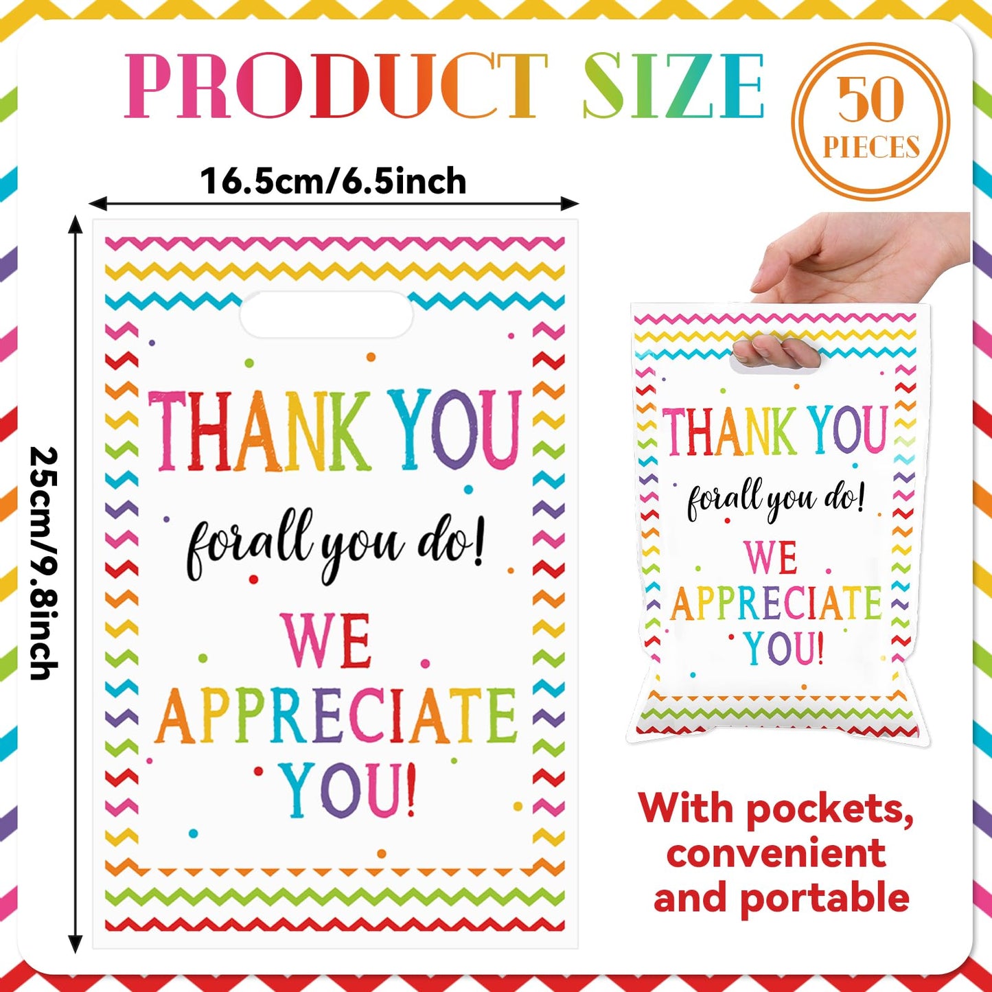 50 Pcs We Appreciate You Favors Bag Thanks for All You Do Plastic Gift Bags Be Thankful to Teacher Candy Snack Bag for Teacher Doctor Staff Employee Appreciation Party Decoration Supplies 10 x 6.5Inch