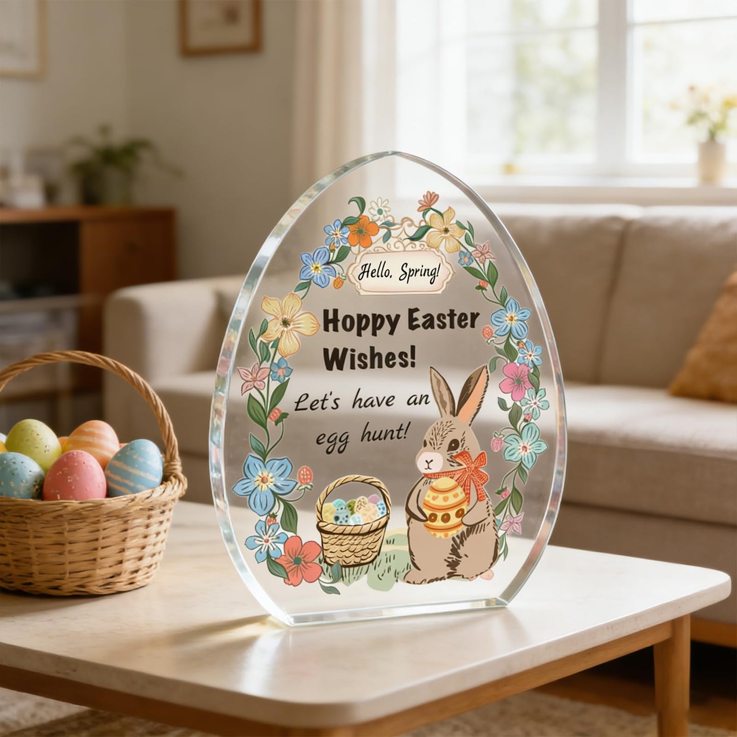 Easter Acrylic Plaque Decor - Hello Spring! Egg-Shaped Gift for Couples with Bunny, Eggs & Basket, Festive Tabletop Decor