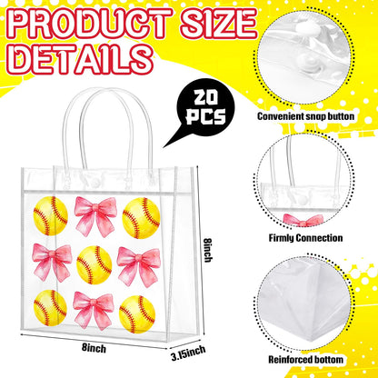 Wesnoy 20 Pcs Cute Softball Gift Bag Pink Bow Softball Goodie Gifts Bags with Handles Reusable Sport Themed Treat Bags for Candy Birthday Party Supplies 8 x 8 x 3.15''