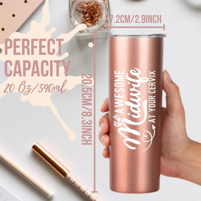 Onebttl Midwife Gifts for Women, Obgyn Doula Gifts for Doctors Nurse, 20oz Skinny Vacuum Insulated Travel Mug Tumbler for Coworkers, Rose Gold, Awesome Midwife