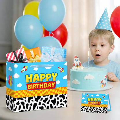 Reyoust 13" Large Toy Gift Bag with Card and Tissue Paper Toy Inspired Story Present Bag for Happy Birthday Blue Cartoon Party Decorations 1Pcs 13" L x 10.2" H x 4.9" D