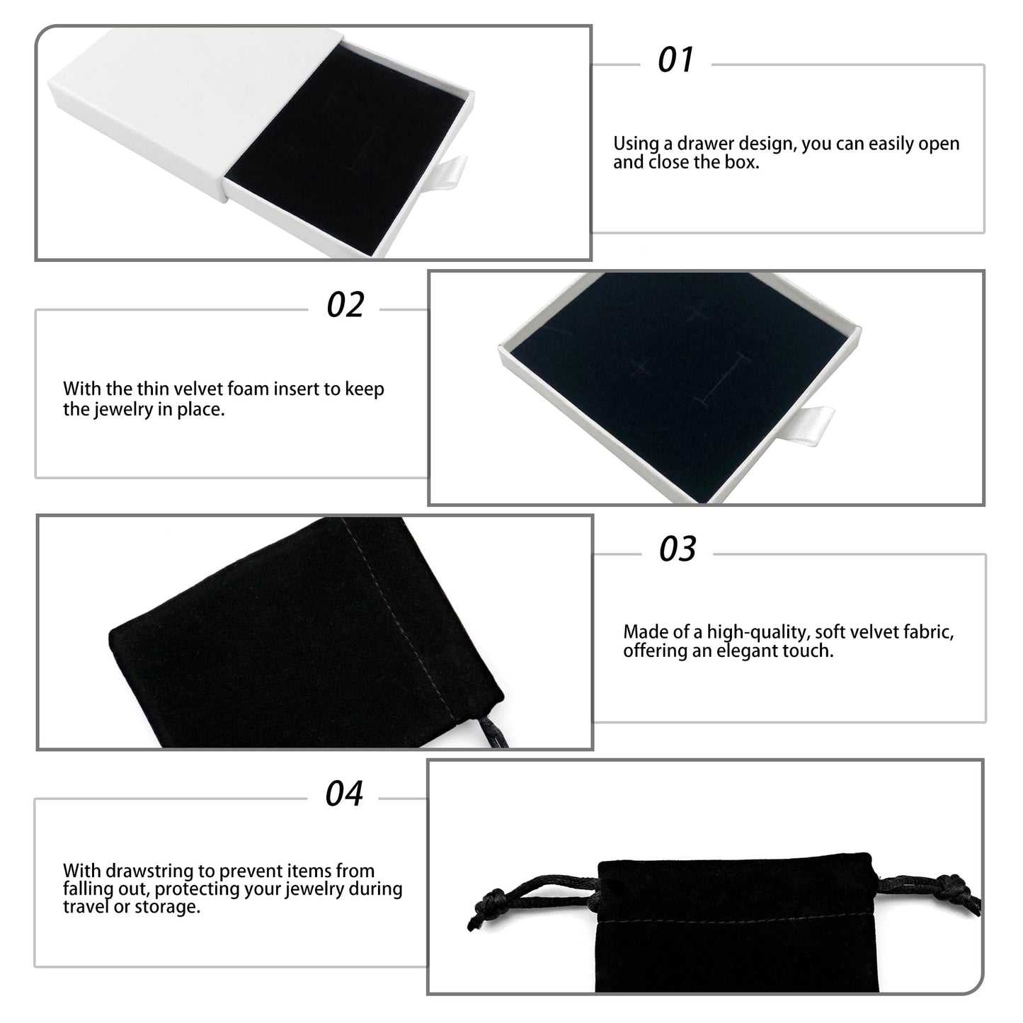 Small Jewelry Gift Box and Velvet Bag, Necklace Bracelet Earring Cardboard Organizer Square Jewellery Gift Box Pendent Storage Case for Birthday Xmas Christmas Wrapping (White)
