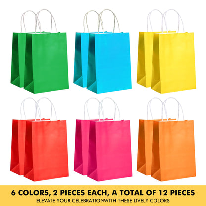 RACETOP 12 Pack Small Paper Gift Bags with Handles, 5.8"×3.2"×8.25" Kraft Paper Party Favor Bags Bulk for Kids Birthday, Baby Shower, Crafts, Wedding, Party Supplies (6 Colors)