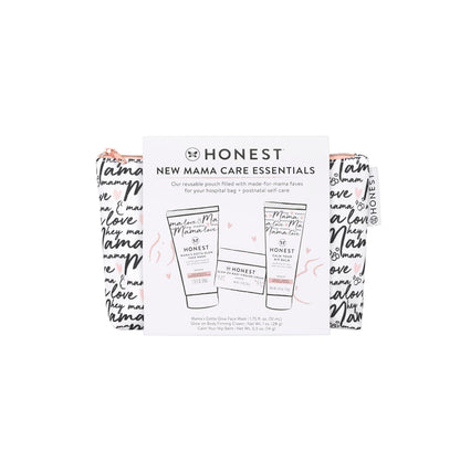 The Honest Company New Mama Care Essentials Gift Set, Hospital Bag Must Haves, Travel Size Nip Balm (0.5 oz) Glow On Body Cream (1 Gotta Face Wash (1.75 fl) with Reusable Pouch