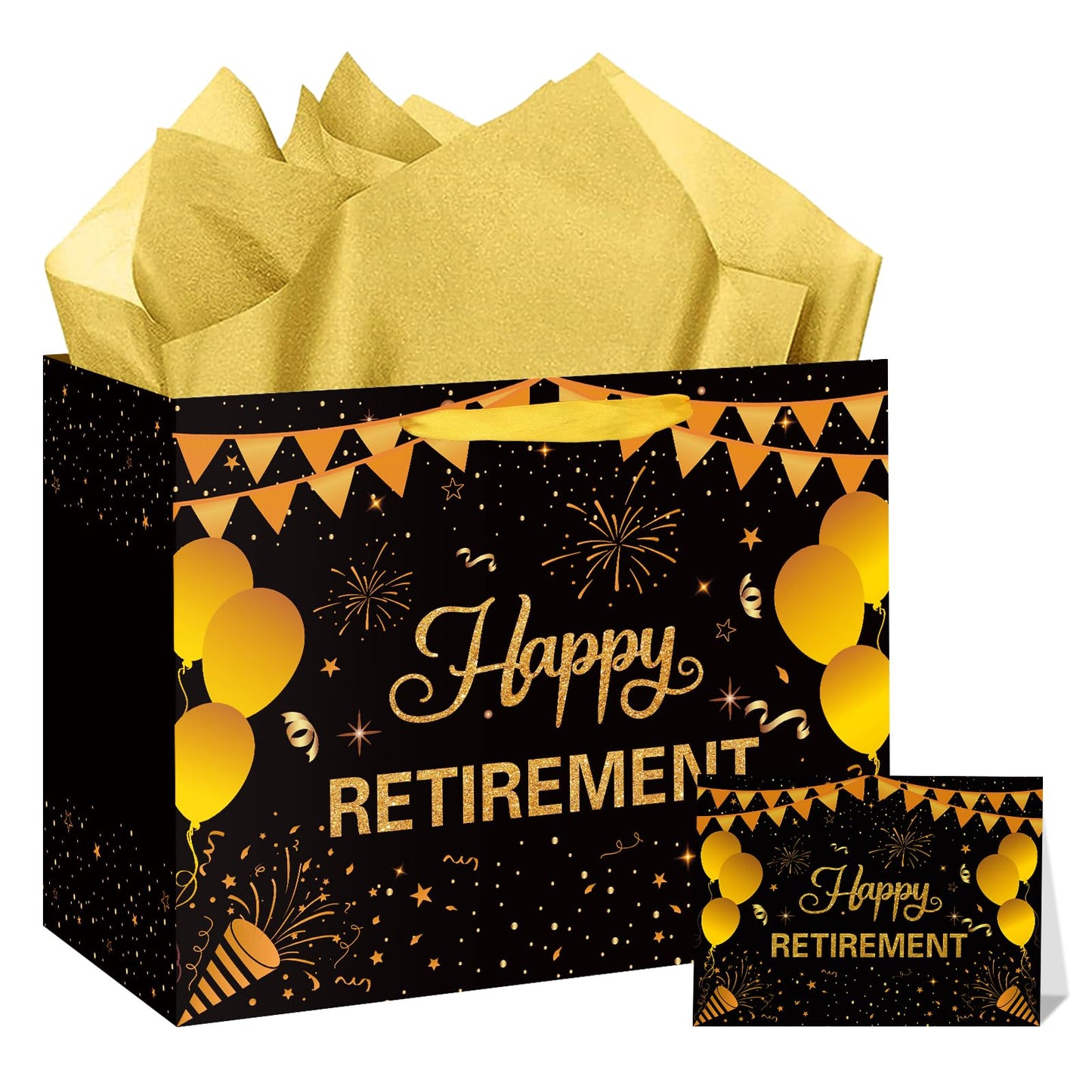 Hooqict Large Retirement Gift Bag Black Gold Happy Retirement Party Gift Bag with Handles, Wrapping Paper, Greeting Card for Men Women Coworker Teacher Farewell Going Away Party Favors