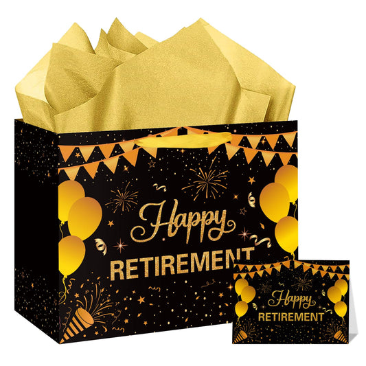 Hooqict Large Retirement Gift Bag Black Gold Happy Retirement Party Gift Bag with Handles, Wrapping Paper, Greeting Card for Men Women Coworker Teacher Farewell Going Away Party Favors