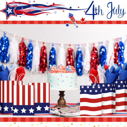 Tisancy 30 Pcs Patriotic Gift Bags with Handle with 30 Pcs Red White Blue Tissue Paper 4th of July American Flag USA Gift Bags for Veterans Memorial Day Independence Day(Classic Style)