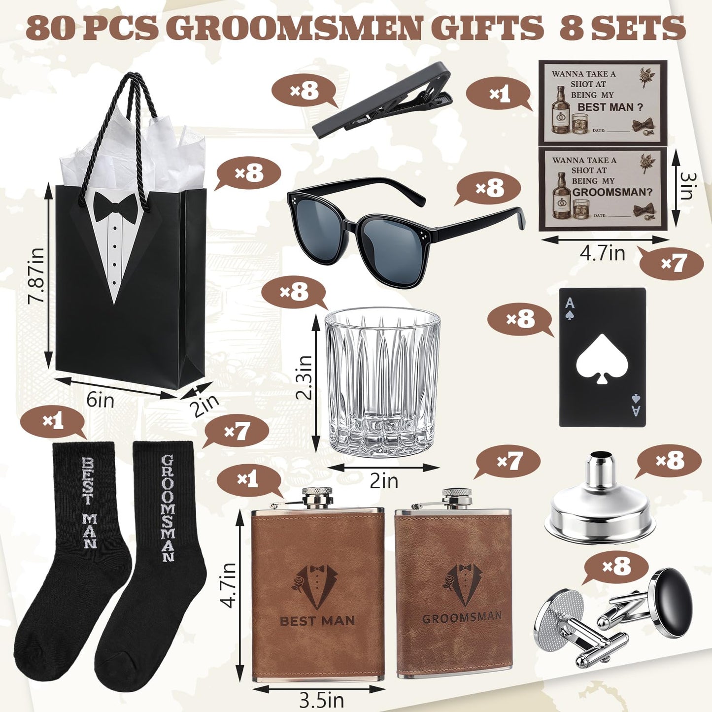 80 Pcs Groomsmen Gifts Set of 8,Groomsmen Proposal Box Gifts with Flasks Shot Glasses Socks Cuff Collar Clip Sunglasses Bottle Opener for Wedding Grooms Men Best Man Bachelor Party Favors