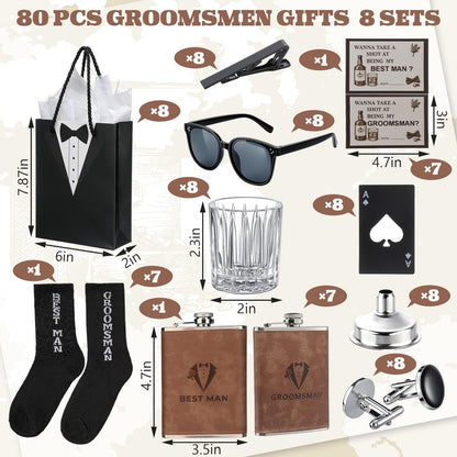 80 Pcs Groomsmen Gifts Set of 8,Groomsmen Proposal Box Gifts with Flasks Shot Glasses Socks Cuff Collar Clip Sunglasses Bottle Opener for Wedding Grooms Men Best Man Bachelor Party Favors
