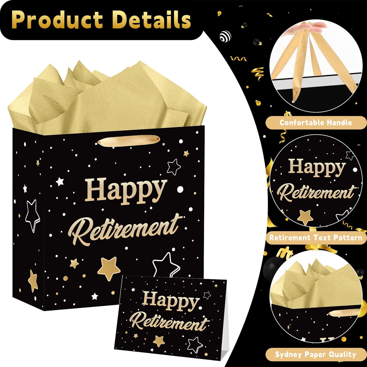 ONANNA Small Retirement Gift Bag with Tissue Paper and Greeting Card 7" Retired Gifts Wrapping Bag for Women Men Coworker Teacher, Black Gold Retirement Party Decorations Supplies