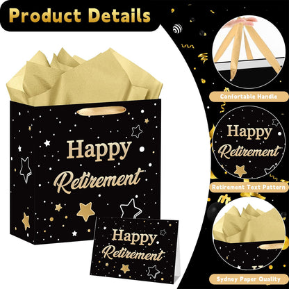 ONANNA Small Retirement Gift Bag with Tissue Paper and Greeting Card 7" Retired Gifts Wrapping Bag for Women Men Coworker Teacher, Black Gold Retirement Party Decorations Supplies