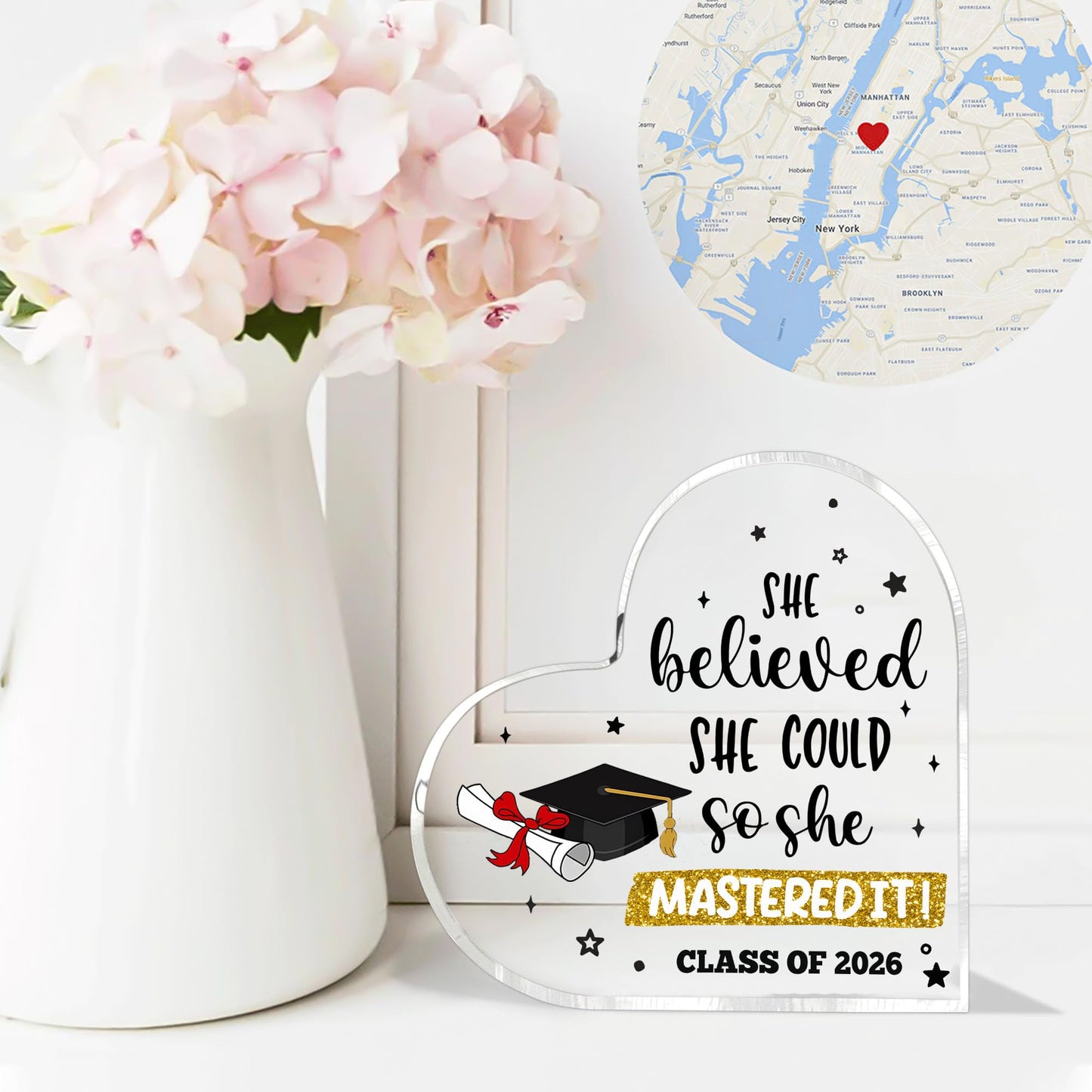 Graduate Gifts Class of 2026 Plaque, College Graduation Gifts for Her Women, Inspirational Graduation Gift, Masters Graduate Grad Keepsake for Masters Degree Heart Acrylic Paperweight, She Mastered It