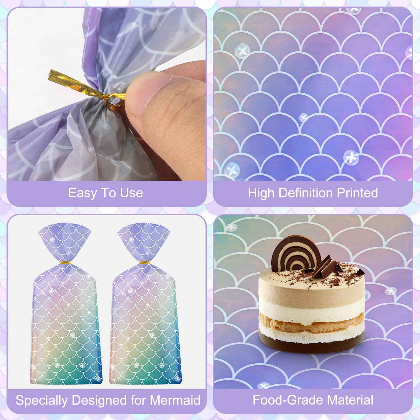 50 Pack Mermaid Goodie Bags - Ocean Mermaids Party Favor Bags, Little Mermaid Cello Cellophane Gift Candy Treat Bag with 50Pcs Twist Ties for Kids Girls Mermaids Themed Birthday Party Supplies Favors