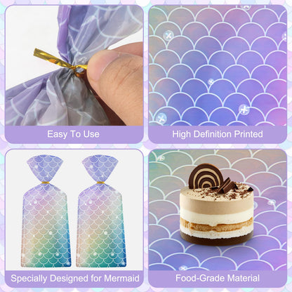 50 Pack Mermaid Goodie Bags - Ocean Mermaids Party Favor Bags, Little Mermaid Cello Cellophane Gift Candy Treat Bag with 50Pcs Twist Ties for Kids Girls Mermaids Themed Birthday Party Supplies Favors