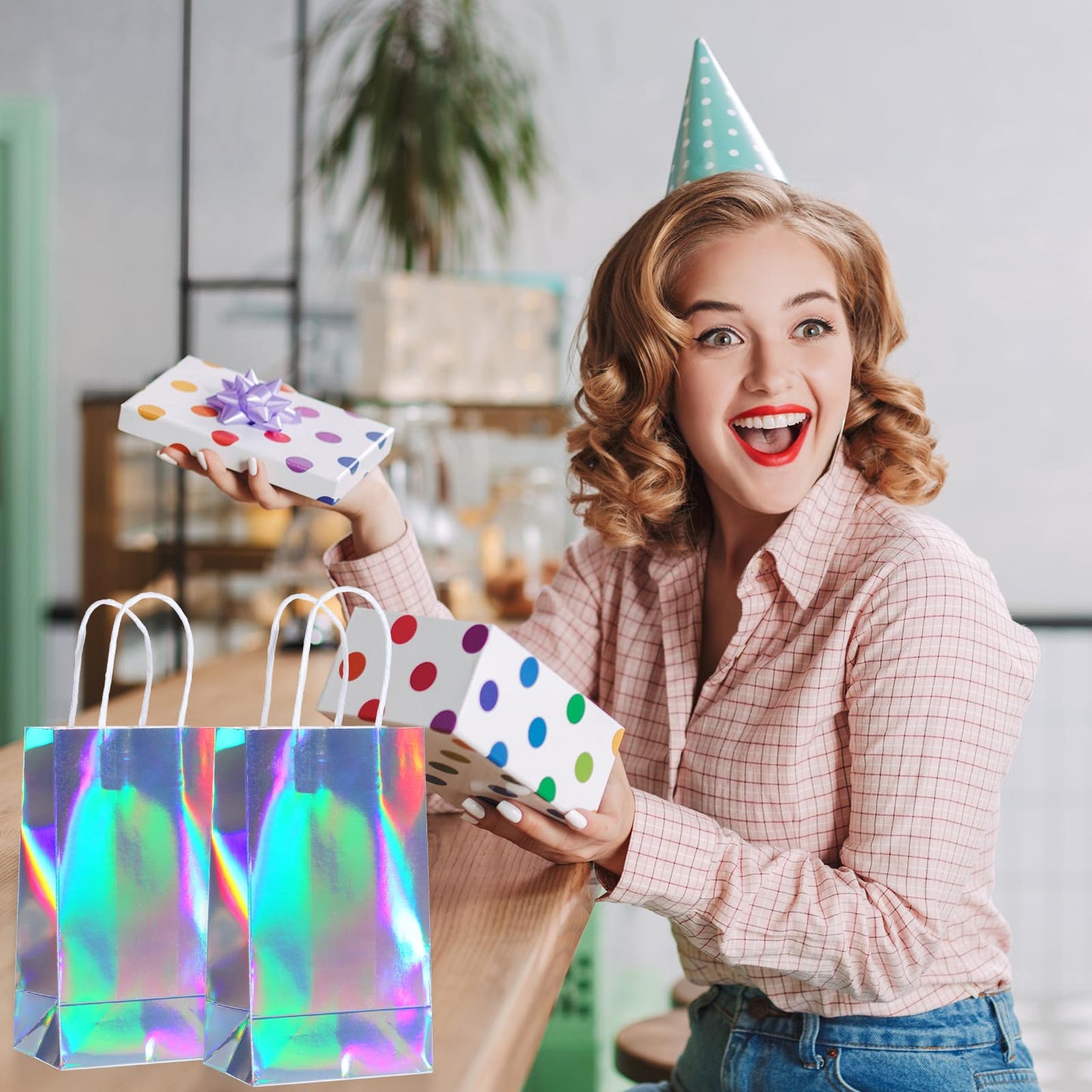 Abeillo 24 Pcs Reusable Paper Gift Bags with Handle, Iridescent Gift Bag Glossy Holographic Goodie Bag Gift Handbag Bulk for Baby Shower Christmas Birthday Party Favor, 8.3 x 4.7 x 3.1 Inch