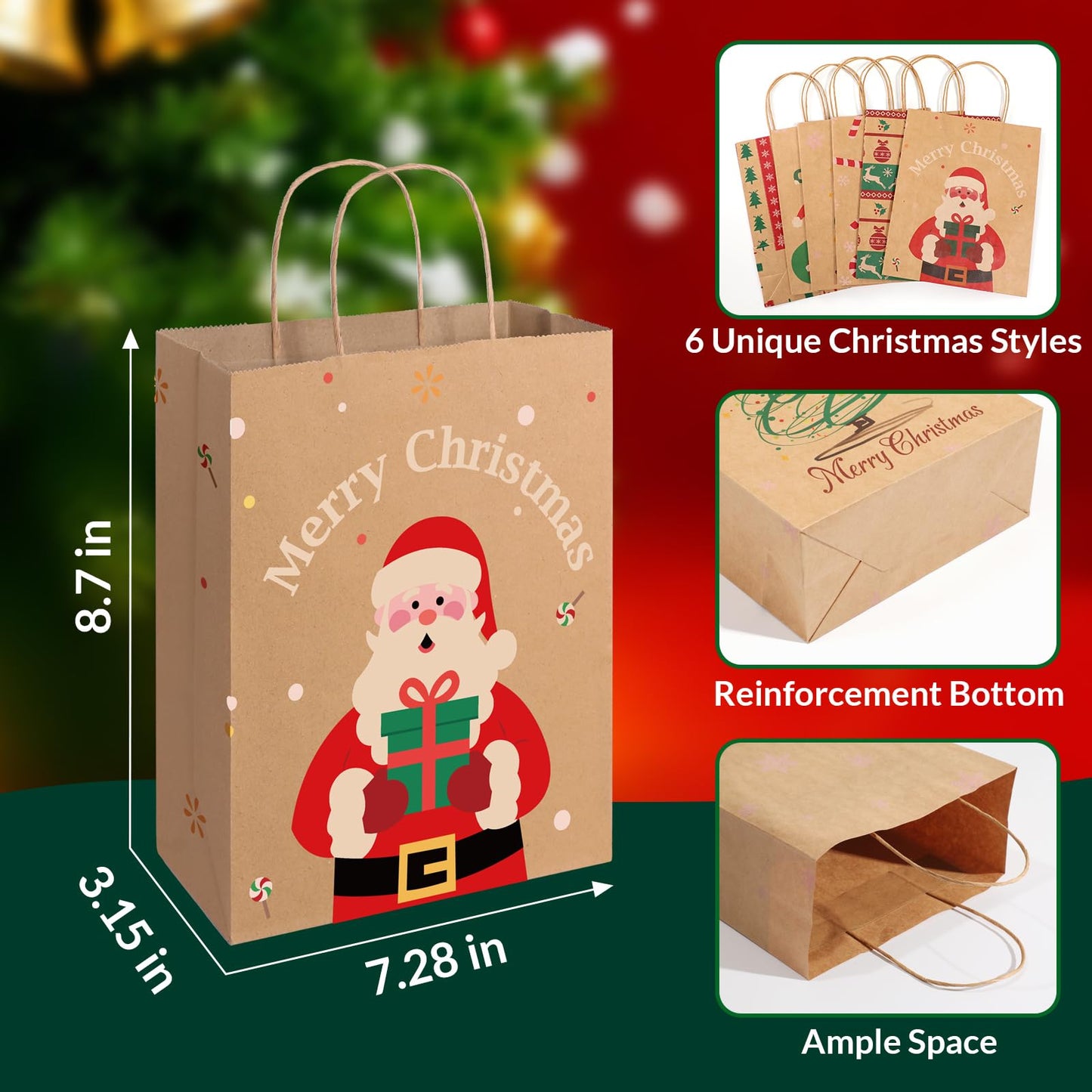 SUNEE Christmas Gift Bags, 24 Pack Christmas Bags for Gifts with Handles, 6 Assorted Kraft Paper Gift Bags Bulk with Xmas Tree, Santa Claus, Candy Designs, 7.28*3.15*8.7 Goodie Bags for Kids, Small Size