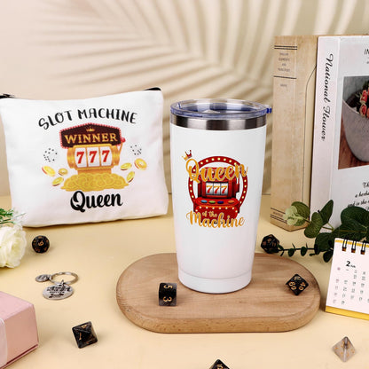 3Pcs Casino Gifts for Women Gambling Gift Queen Of The Machine 20 Oz Tumbler Cup Travel Mug Keychain Makeup Bag Slot Machine Present for Casino Lovers Birthday Mother's Day Christmas