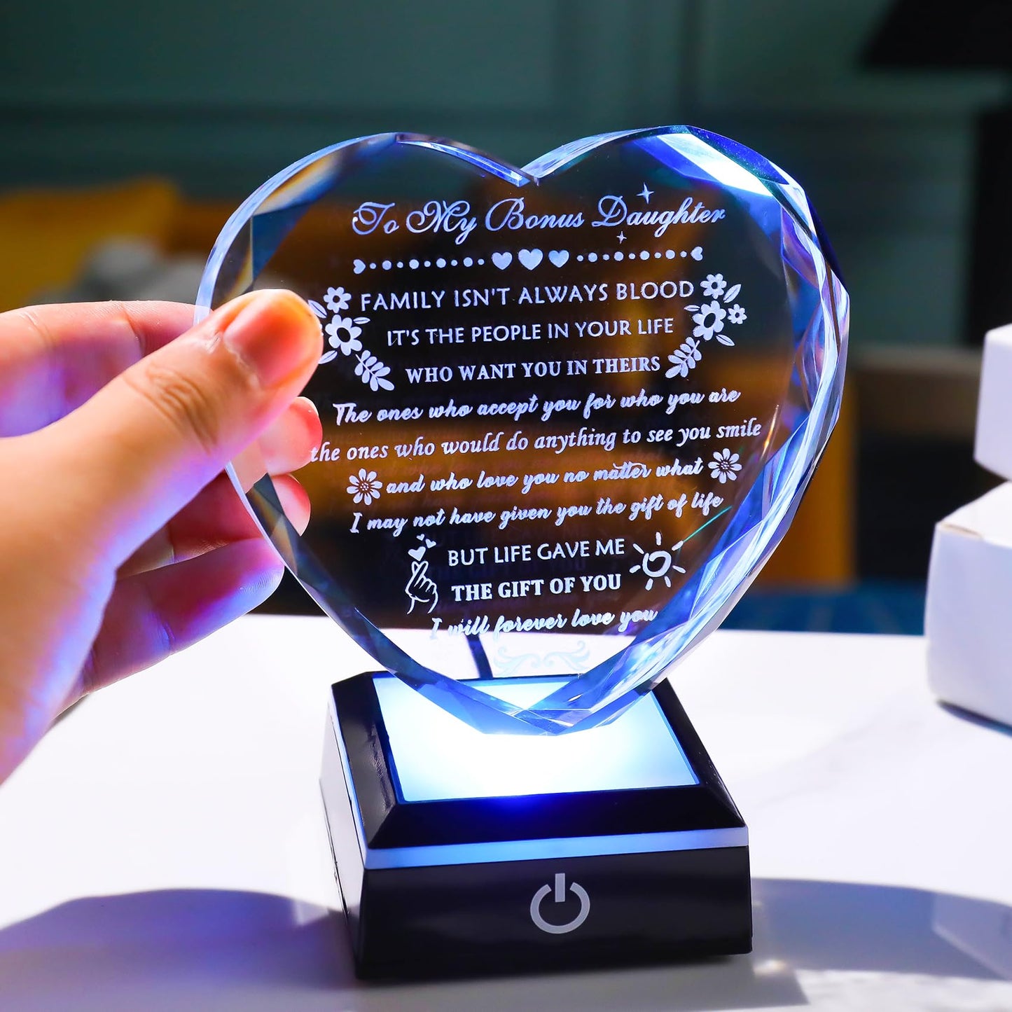 YWHL Bonus Daughter Gifts from Mom Dad Birthday Gifts for Bonus Daughter with Colorful Base Heart Shaped Crystal Keepsake To My Bonus Daughter Stepdaughter Gifts on Christmas Graduation Valentine's