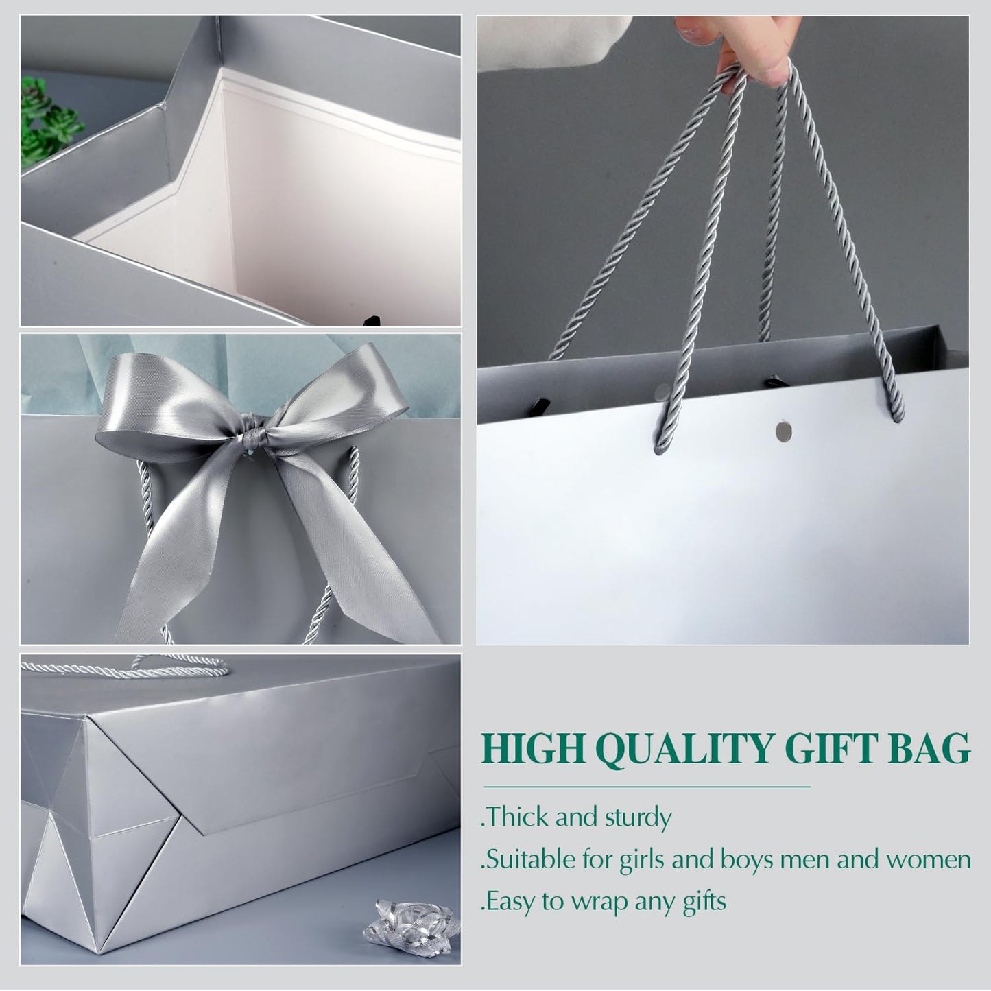 Large Gift Bags, 2PCS Gift Bags with Handle Tissue Paper Greeting Card, 13’’ Portable Birthday Gift Bag Set, Silver Present Bags for Birthday Party Favor Wedding Baby Shower Father’s Day, 13x10x4inch