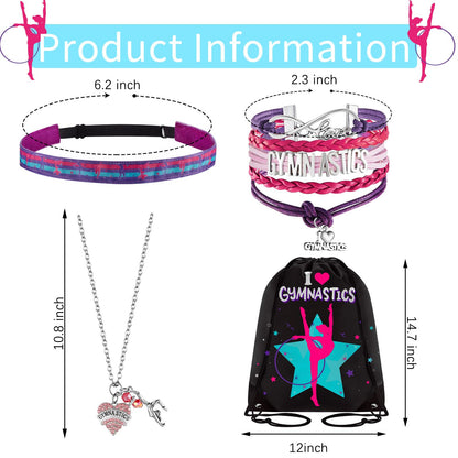 Dunzy 5 Pcs Gymnastics Gifts for Girls Kids Gymnastics Stuff Drawstring Bag Headband Girls Bracelet Necklace Scrunchies Gymnast Party Favors for Youth Boys Kids