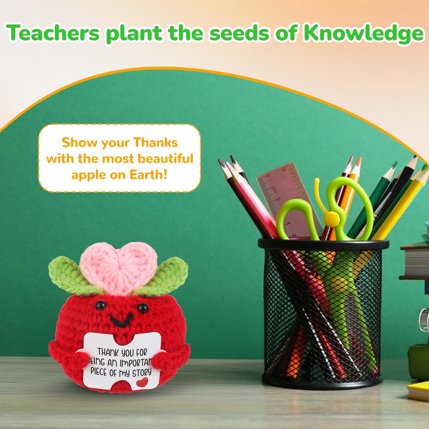 Chuchoter Appreciation Gifts for Teacher,Thank You Teachers Day Birthday Graduation Retirement School Gifts for Teachers Students, Mini Positive Apple Sunflower Doll Crochet for Boss Coworkers (Pink)
