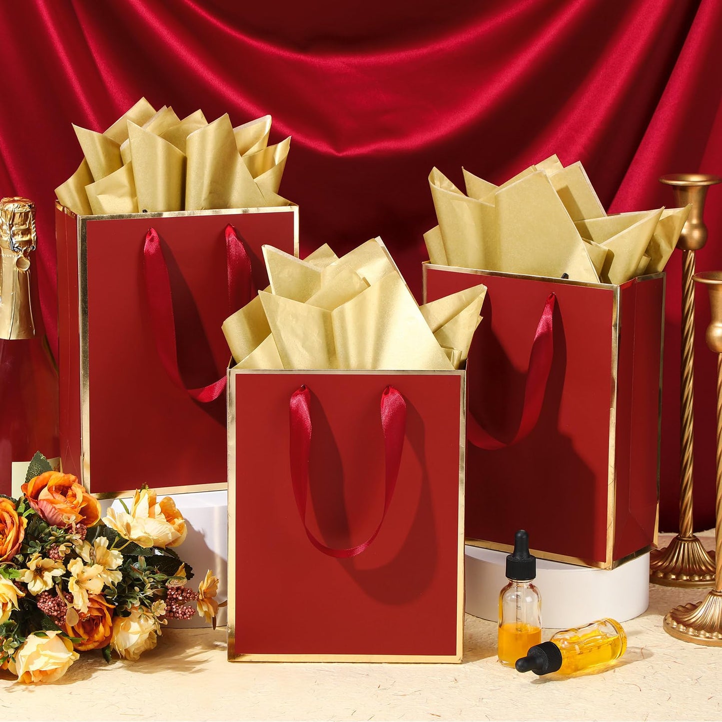 Yeaqee 24 Pack Metallic Paper Gift Bags with Handle and Tissue 9x7x3.1 Gold Foil Welcome Thank You Favor Bags Return Gifts for Wedding Mothers Graduation Bridesmaid Birthday(Burgundy Red and Gold)