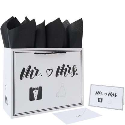 wishinside 13” Large Wedding Gift Bag Set with Handles, Greeting Card, Tissue Papers and Stickers for Bridal Shower Anniversary Engagement Newlyweds Couple, Elegant Mr. & Mrs. Design, 1 Pcs