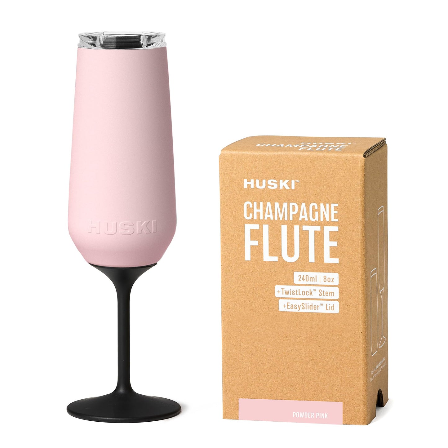 Huski Champagne Flute | NEW | Award-winning Design with Detachable Stem | Premium Stainless Steel Champagne Glass with Lid | Triple Insulated Tumbler | 8oz Capacity | Great Gift (Powder Pink)