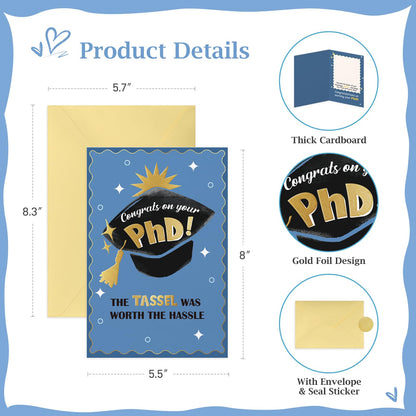FLYAB Phd Graduation Gift - 5.5"x8" Phd Graduation Card with Envelope Gold Foil Design The Tassel Was Worth The Hassle Congrats Grad Card for Her Him Men Women Daughter Son Granddaughter Grandson