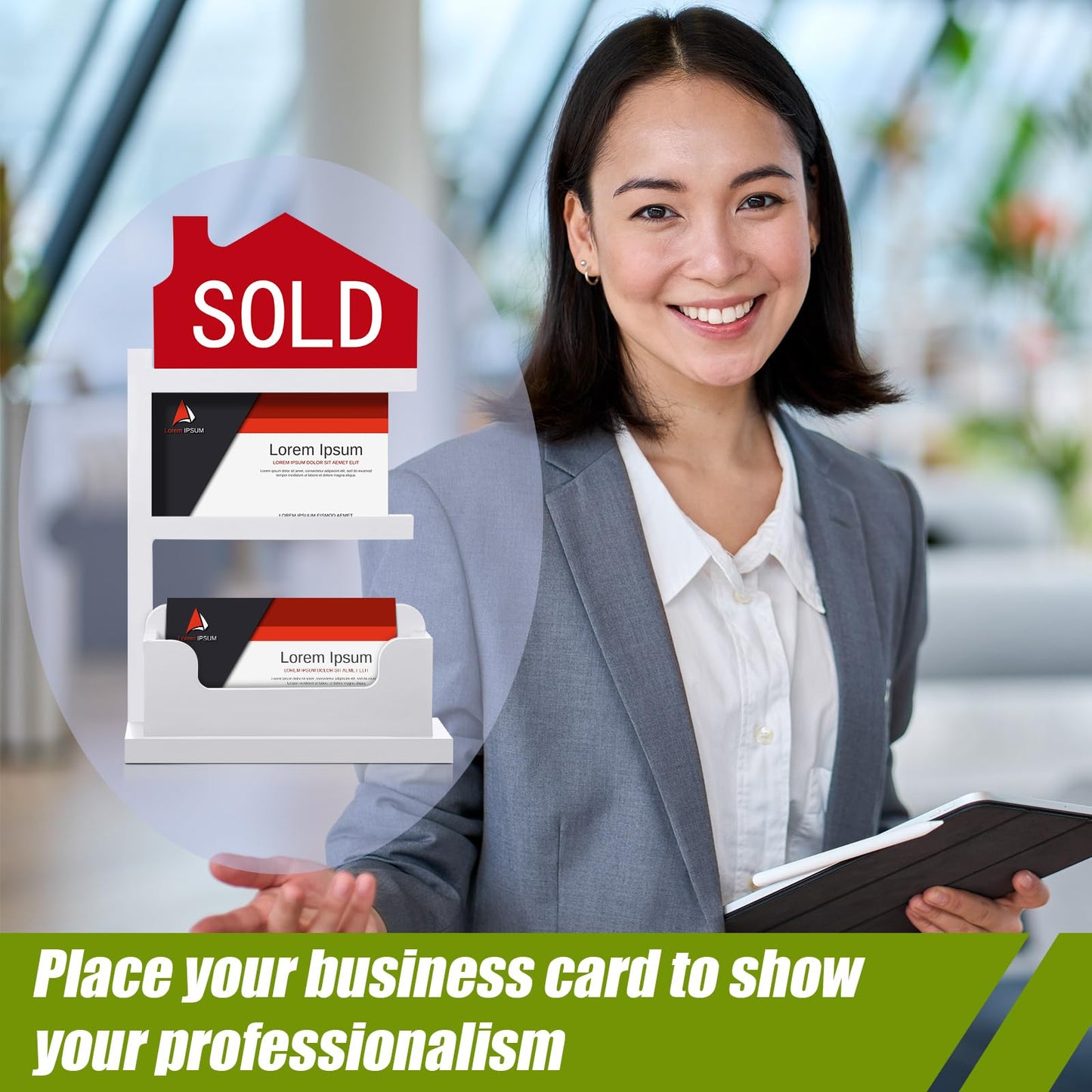 Weysat Real Estate Business Card Holder Wooden Display Stand Farmhouse Business Card Organizer Real Estate Agent Gifts Supplies for Office Reception(White)
