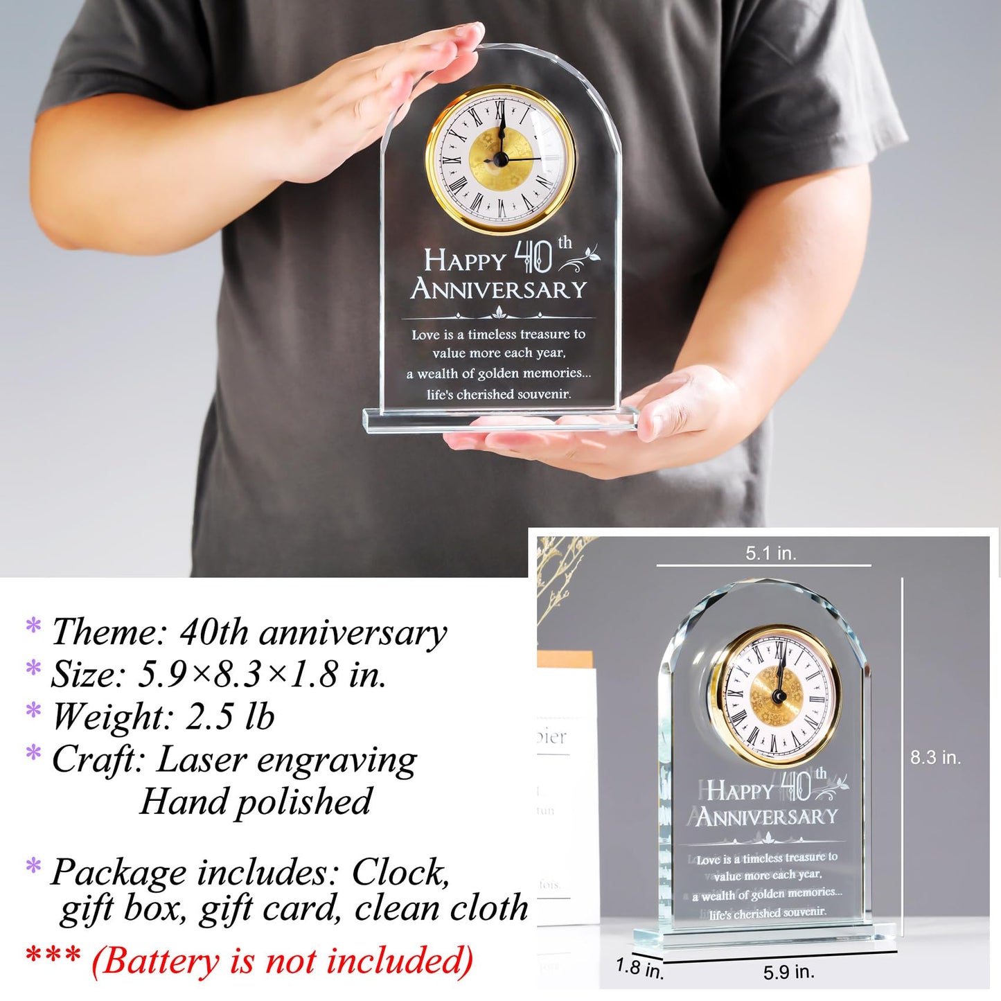 YWHL 40th Wedding Anniversary Clock Gifts for Husband Wife, Happy 40th Anniversary Clock for Parents, 40 Year Anniversary Surprise Gifts for Couple (Battery not Included)