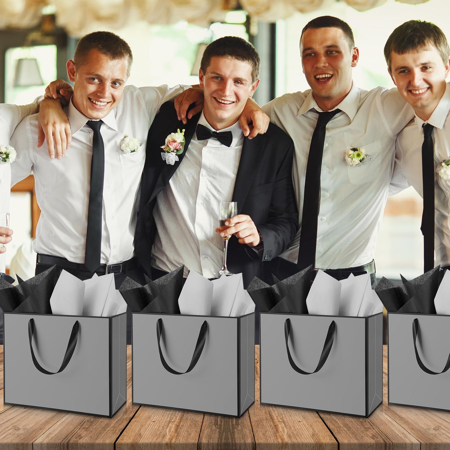 ReliThick 12 Pack Metallic Paper Gift Bag with Handles and Tissue Paper 11.8 x 10 x 4'' Thank You Favor Bag for Graduation Mother's Day Wedding Bridesmaid Groomsman 5 Senses Gifts (Gray,Black)