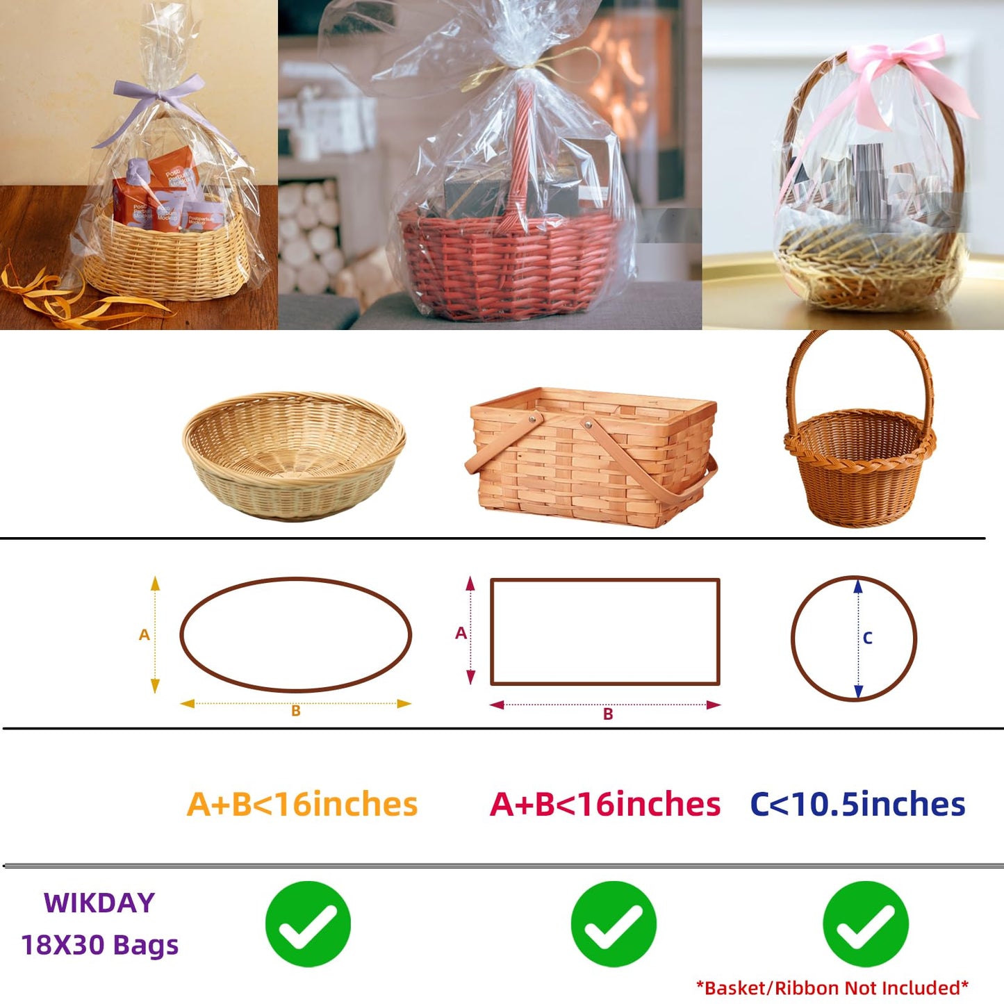 WIKDAY Cellophane Wrap for Gift Baskets 5 PCS 18x30 Inches Large Clear Cello Gift Bags with Ties Plastic for Gift Giving, Packaging Products