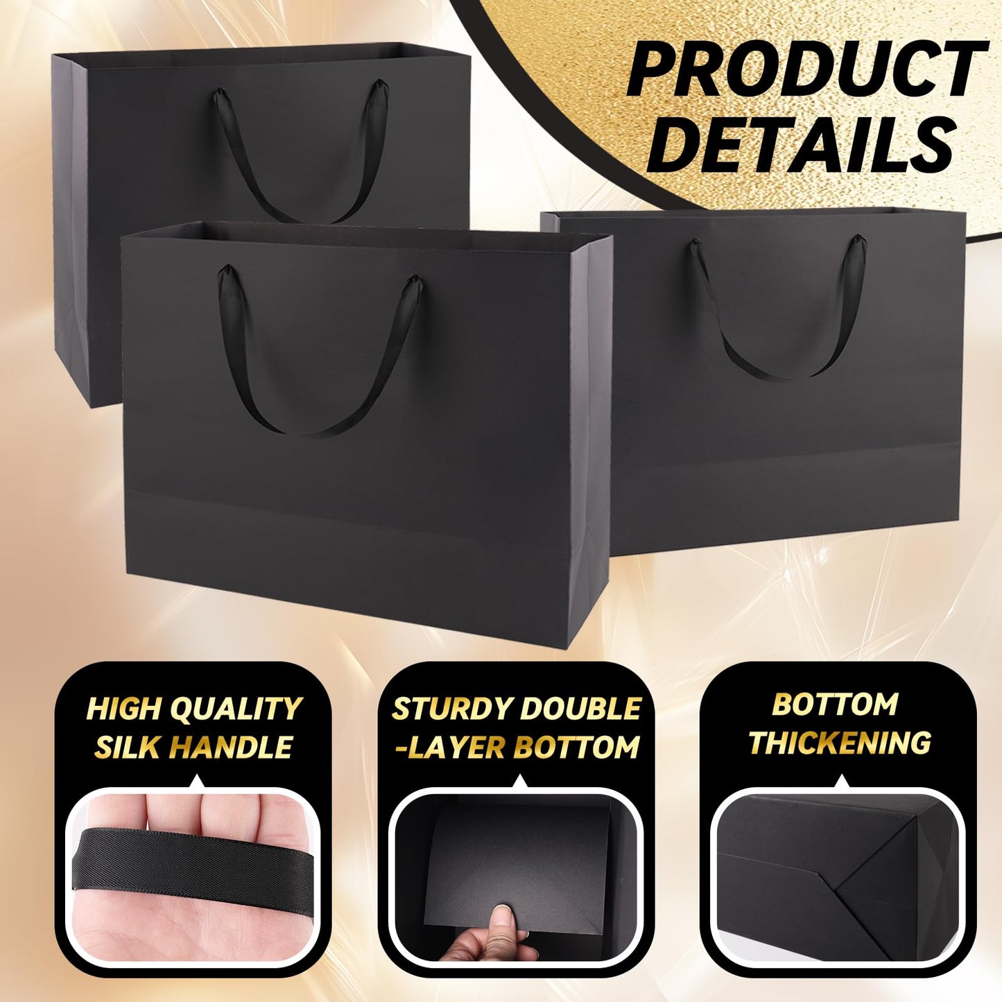 Addblu 5 Pack Large Black Gift Bags with Handles - Includes 10 Tissue Papers, 12.6x8.7x4 Inches for Men Birthday Party, Wedding, Bridesmaid, Groomsmen, Shopping Business, Christmas (Black Medium - 5Pcs)