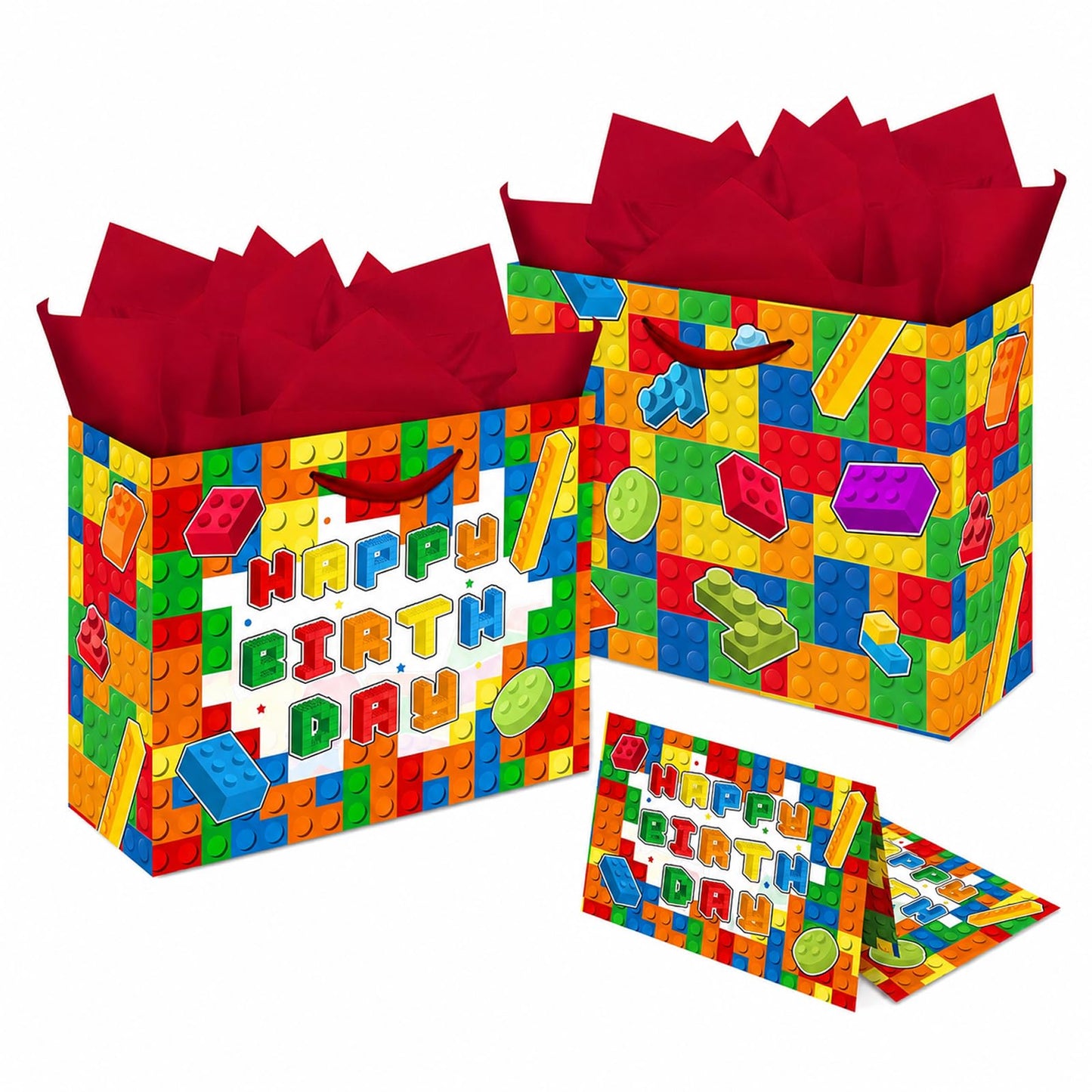 Elunpoe Building Brick Birthday Gift Bag Set with Matching Card & Red Tissue Paper, Colorful Block-Themed Happy Birthday Present Bag for Kids Boys Girls, School Favors, Party Gift Wrap Supplies, 13" x 4.9" x 10.2"