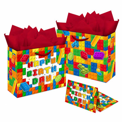 Elunpoe Building Brick Birthday Gift Bag Set with Matching Card & Red Tissue Paper, Colorful Block-Themed Happy Birthday Present Bag for Kids Boys Girls, School Favors, Party Gift Wrap Supplies, 13" x 4.9" x 10.2"