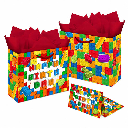 Elunpoe Building Brick Birthday Gift Bag Set with Matching Card & Red Tissue Paper, Colorful Block-Themed Happy Birthday Present Bag for Kids Boys Girls, School Favors, Party Gift Wrap Supplies, 13" x 4.9" x 10.2"