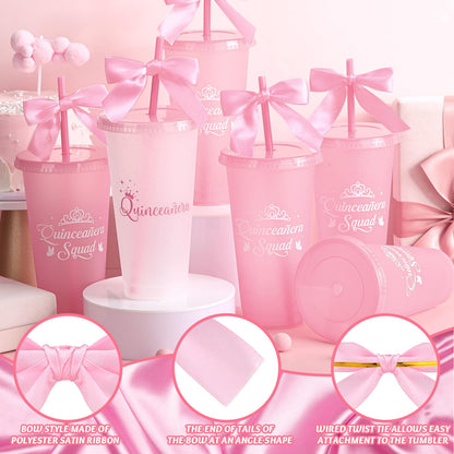 Jingmore 6 Pcs Quinceanera Party Favors for Guests 15th Quinceañera Squad Reusable Tumbler with Straw Lid Twist Bow 24 oz Spanish Gift 15 Birthday Party Thank You Gifts (Pink)