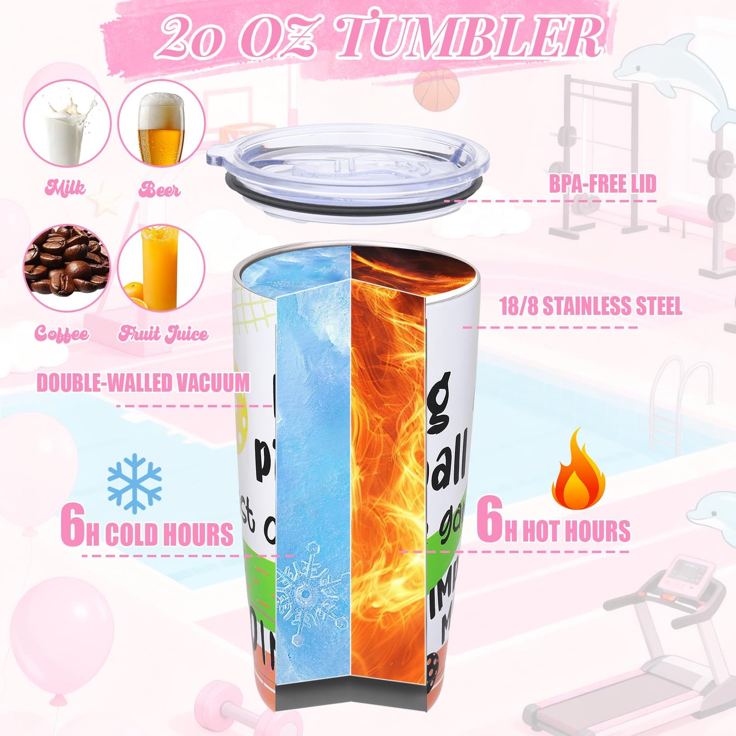 Pickleball Hat for Women, Pickleball Accessories with Cotton Baseball Cap Socks Stainless Steel Tumbler for Birthday Christmas Pink