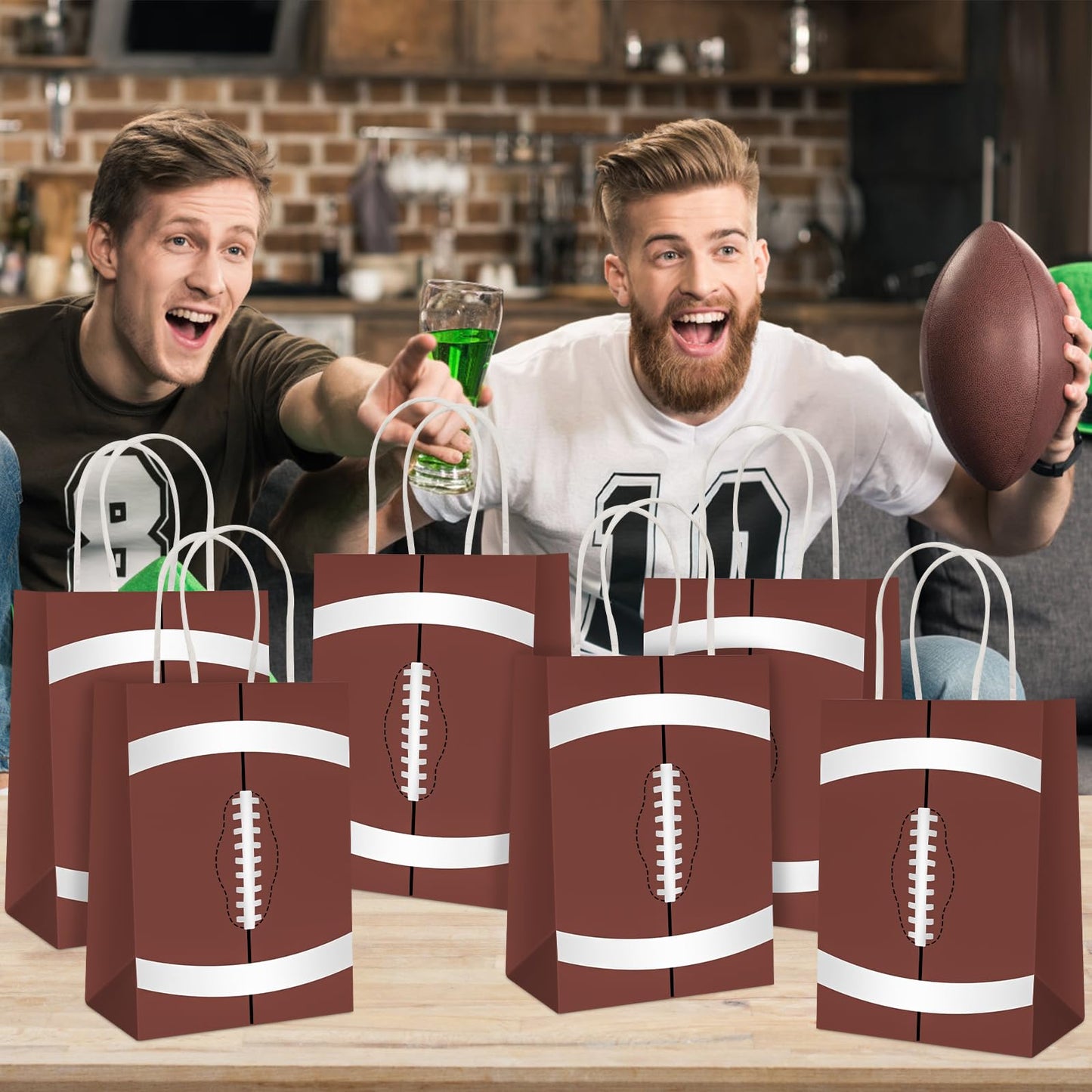 Lemicin 12 Pack Football Gift Bags Football Goodie Party Favors Bags with Handle Paper Treat Bag Snack Candy Treat Holders Kraft Bag for Birthday Party Supplies Decorations
