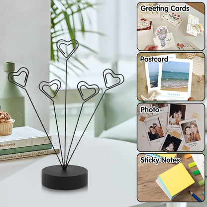 HINGTAI Black Tree Holder for Pictures Desk Photo Display Gift Tree Holder for Party, Heart-Shaped Photo Stand Contains Five Clips, Round Base Suitable as a Gift for Holidays Weddings or Work
