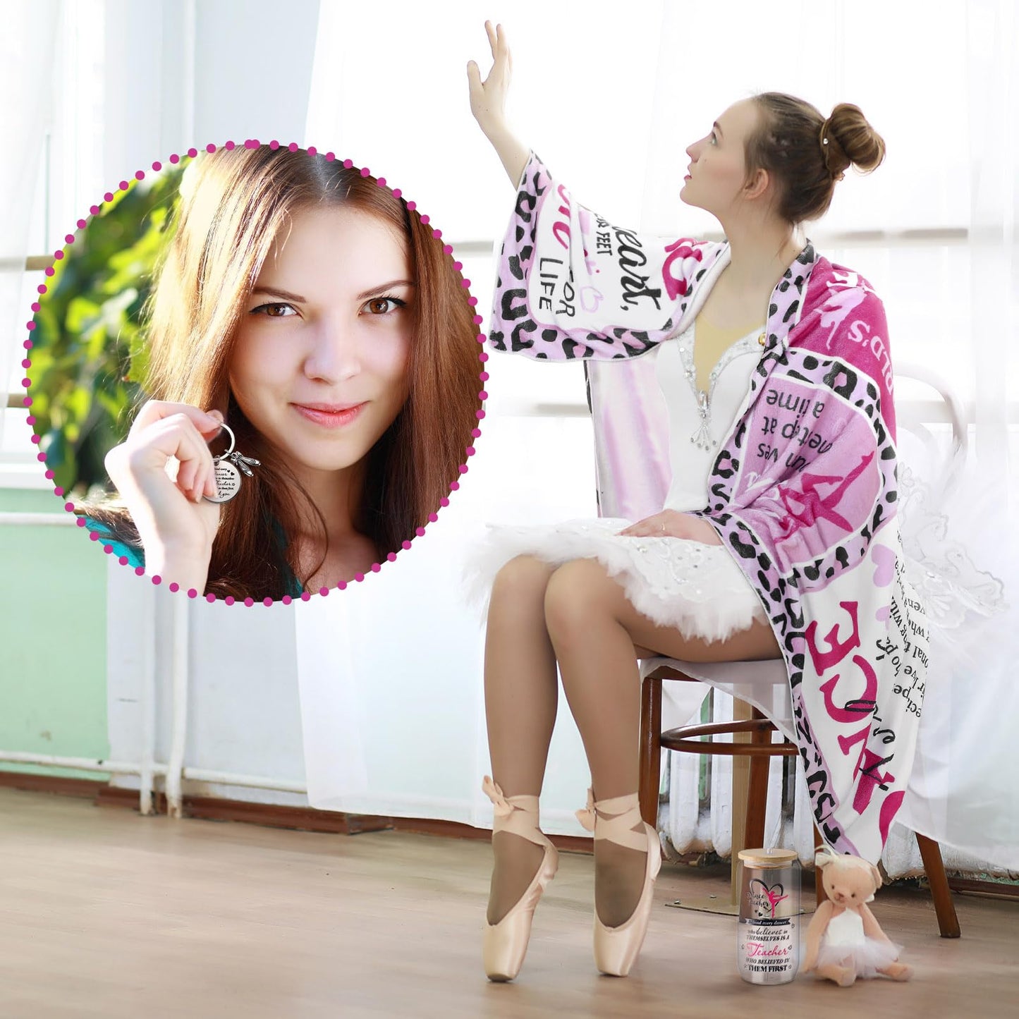 SmoothNovelty 3 Pcs Dance Teacher Gifts for Women Graduation Dance Teacher Appreciation Gifts Back to School Present 50 x 60 Inch Blanket 16 oz Glass Cup Keychain Dancer Love Graduation Party Supplies