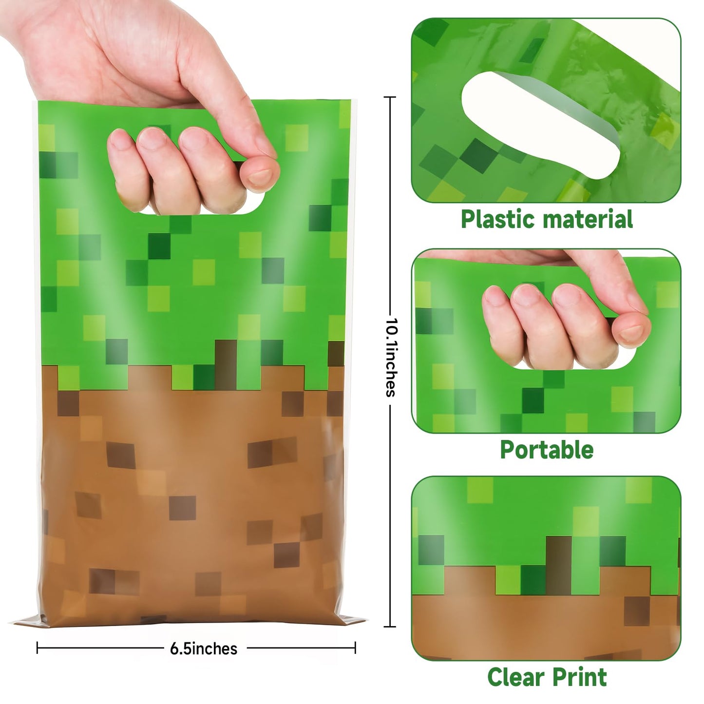ADARRO 50PCS Pixel Birthday Party Favor Bags, Green and Brown Pixel Video Game Theme Party Goodies Candy Snack Treat Bags