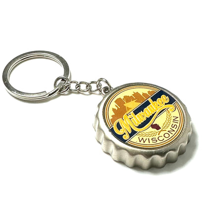 Milwaukee Keychain Metal Opener Wisconsin Vacation Souvenir Key Ring with Bottle Cap Skyline Design