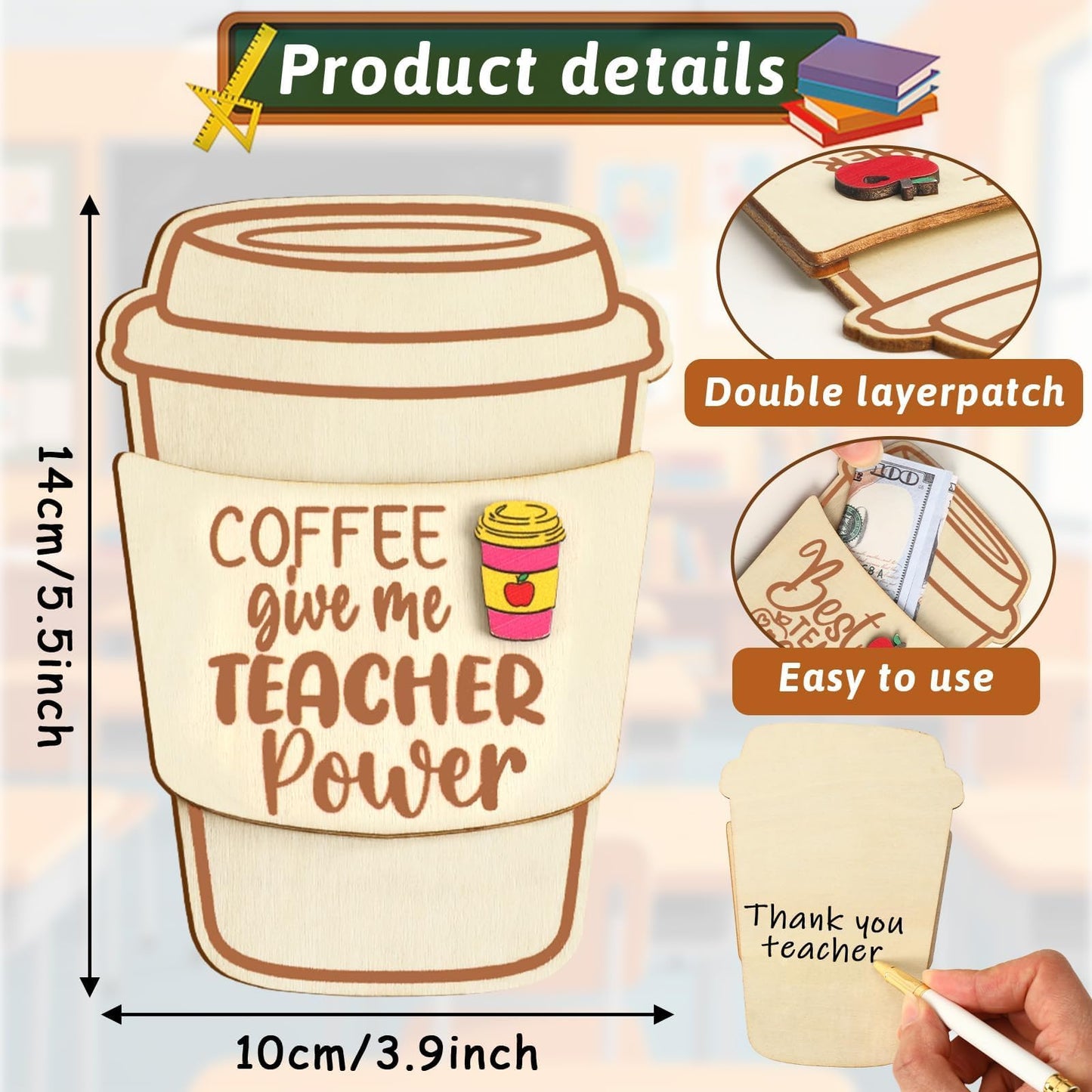 PETKNOWS 6 Pcs Teacher Gift Card Holder Wooden Coffee Gift Card Holder Thank You Card Sleeve Teacher Appreciation Gift Bulk Wooden Money Holders for Teachers’ Day Back to School Graduation Supplies