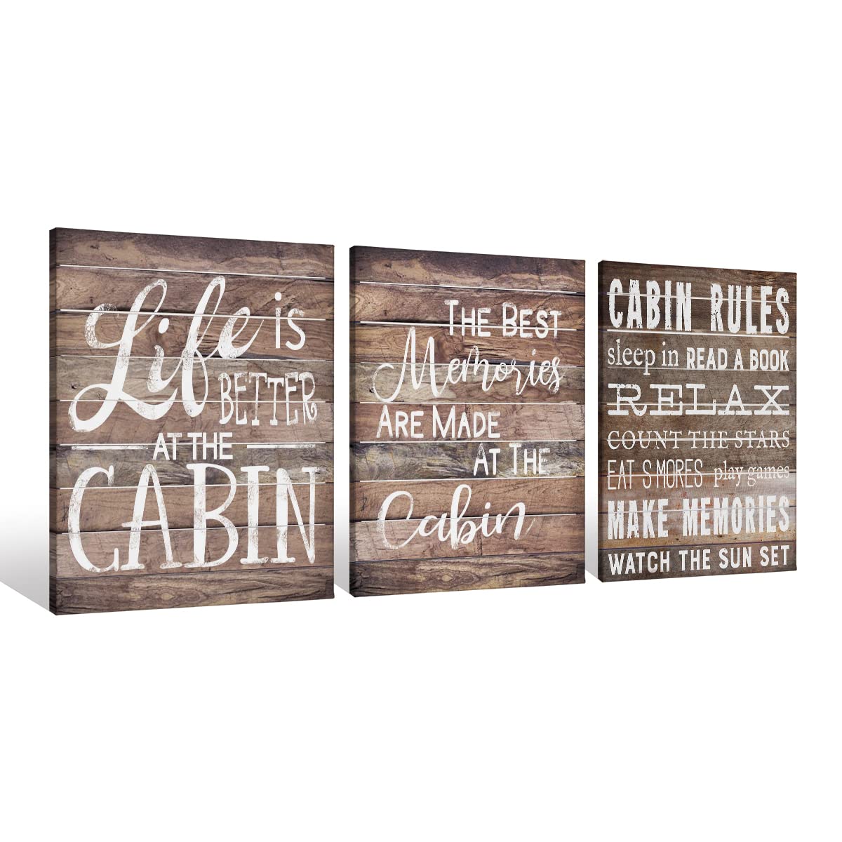 Cabin Rules Life Is Better At The Cabin Canvas Wall Art Prints Artwork Signs Framed for Cabin Front Porch Wall Decor Home Decor,11 X 14 inch Set Of 3,Housewarming Gift,Lake Cabin Canvas Wall Decor